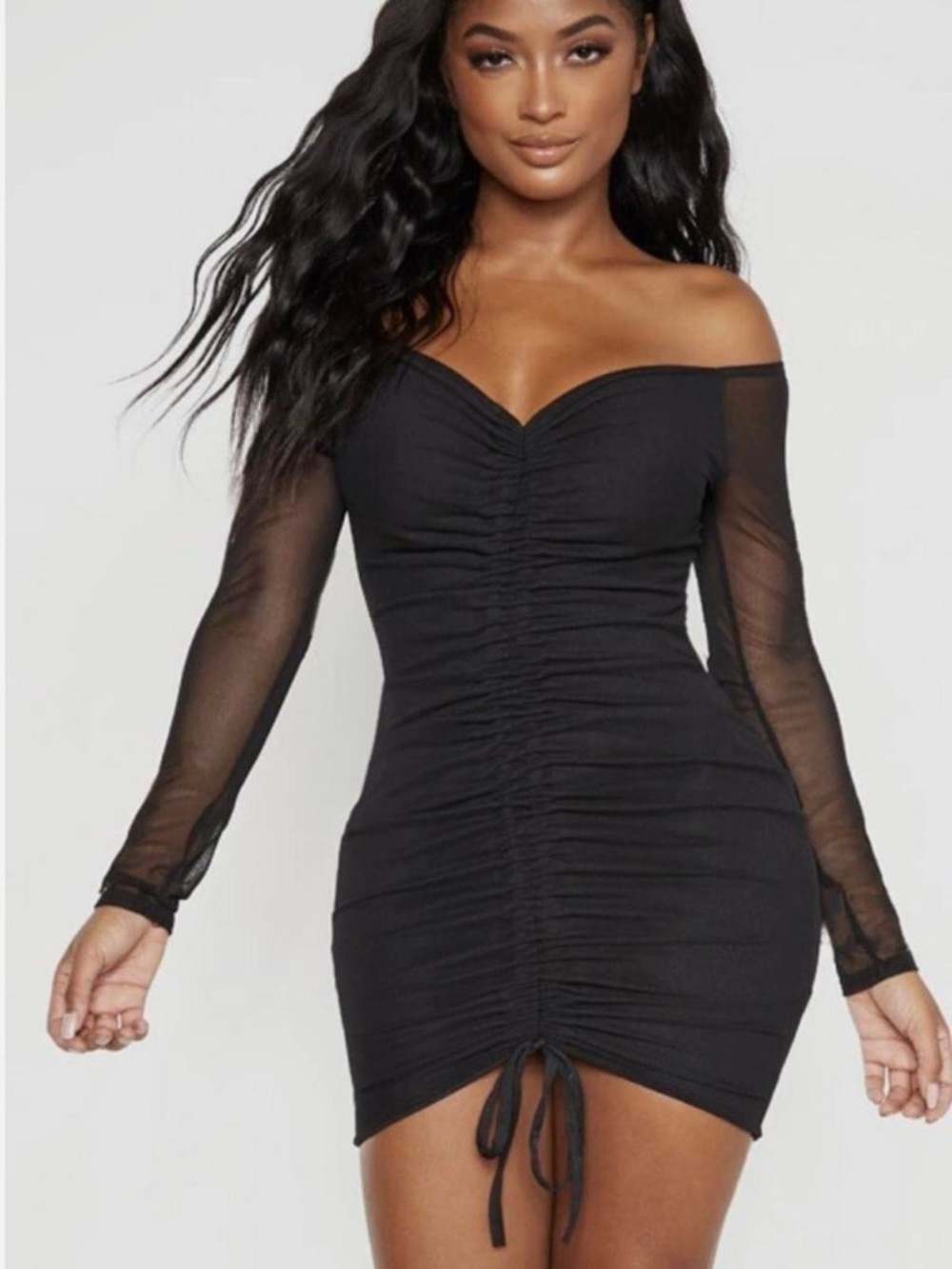 Deep-V Black Ruched Mesh-Sleeve Bodycon Dress